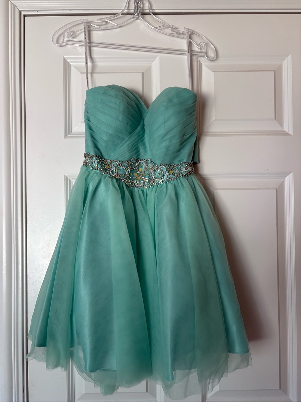 Aqua Strapless Beaded Waist Party Dress